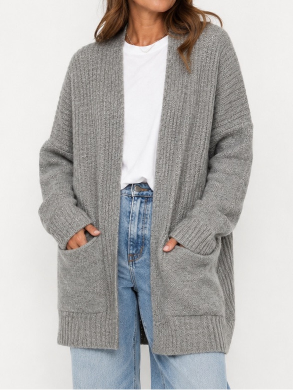 TOPSHOP Oversized Ribbed Long Cardigan Size M, 8-10 Grey Heavy Sweater Jacket